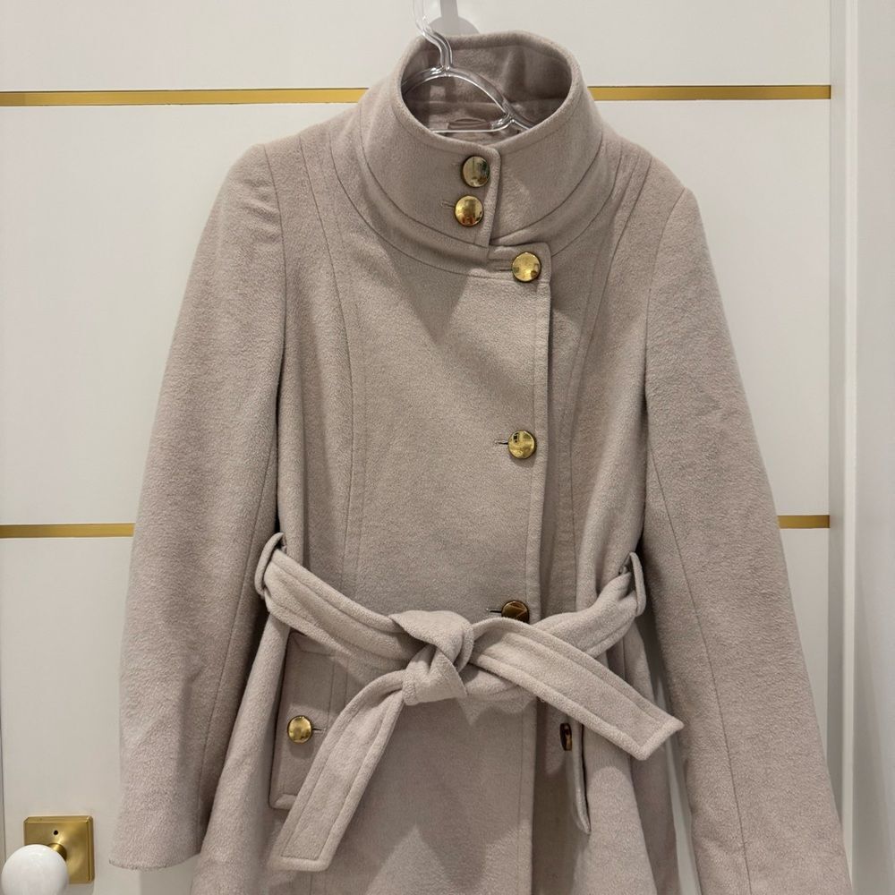 Tahari Wool Izzy coat cream neutral blush belted gold buttons 10 - Picture 4 of 16